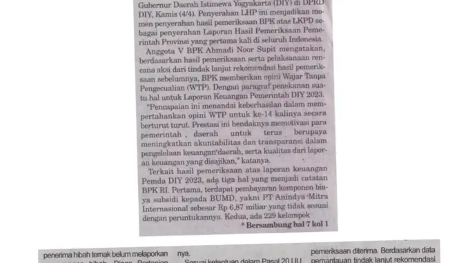 BPK Beri Catatan Laporan Keuangan Pemda DIY, Legislator Segera Panggil Dinas Terkait