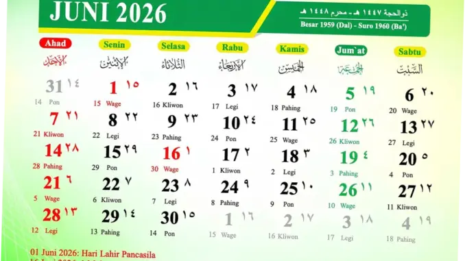 Kalender Juni 2026: Tanggal Merah, Libur Nasional, dan Cuti Bersama