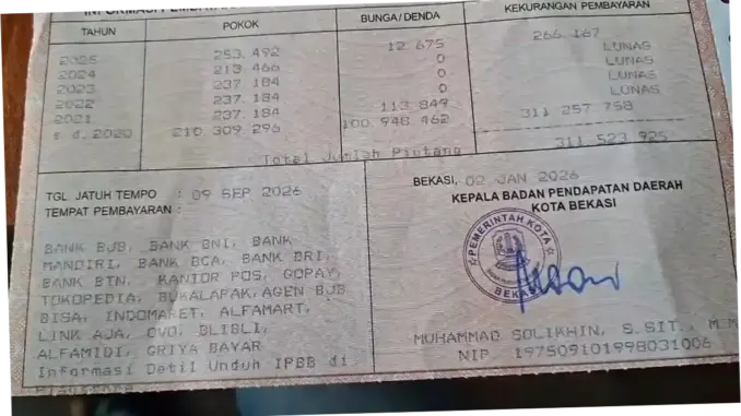 Tagihan PBB Tembus Rp311.523.925, Bapenda Kota Bekasi Beri Diskon Pajak 87 Persen